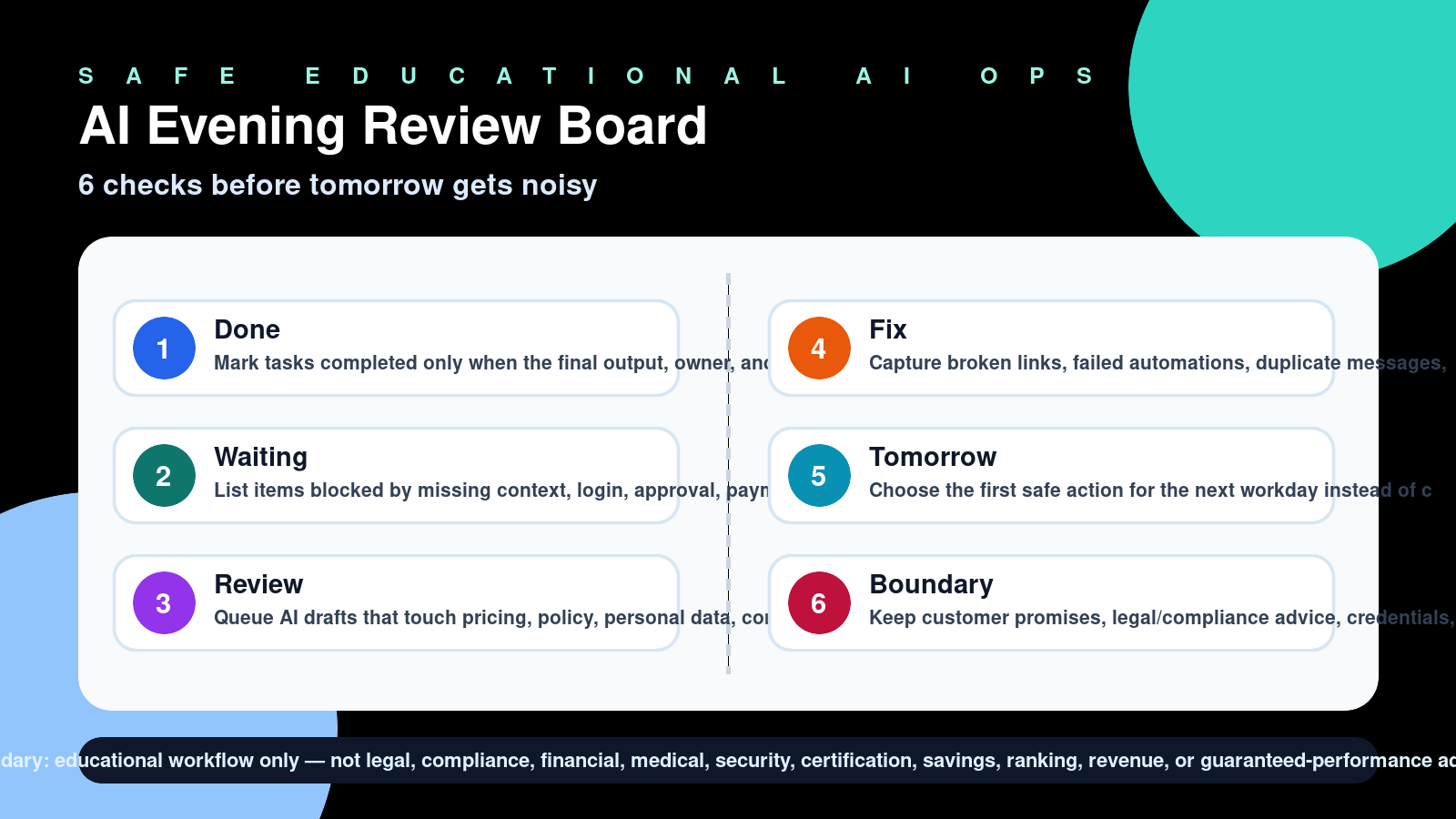 Infographic: AI Evening Review Board: 6 checks before tomorrow gets noisy